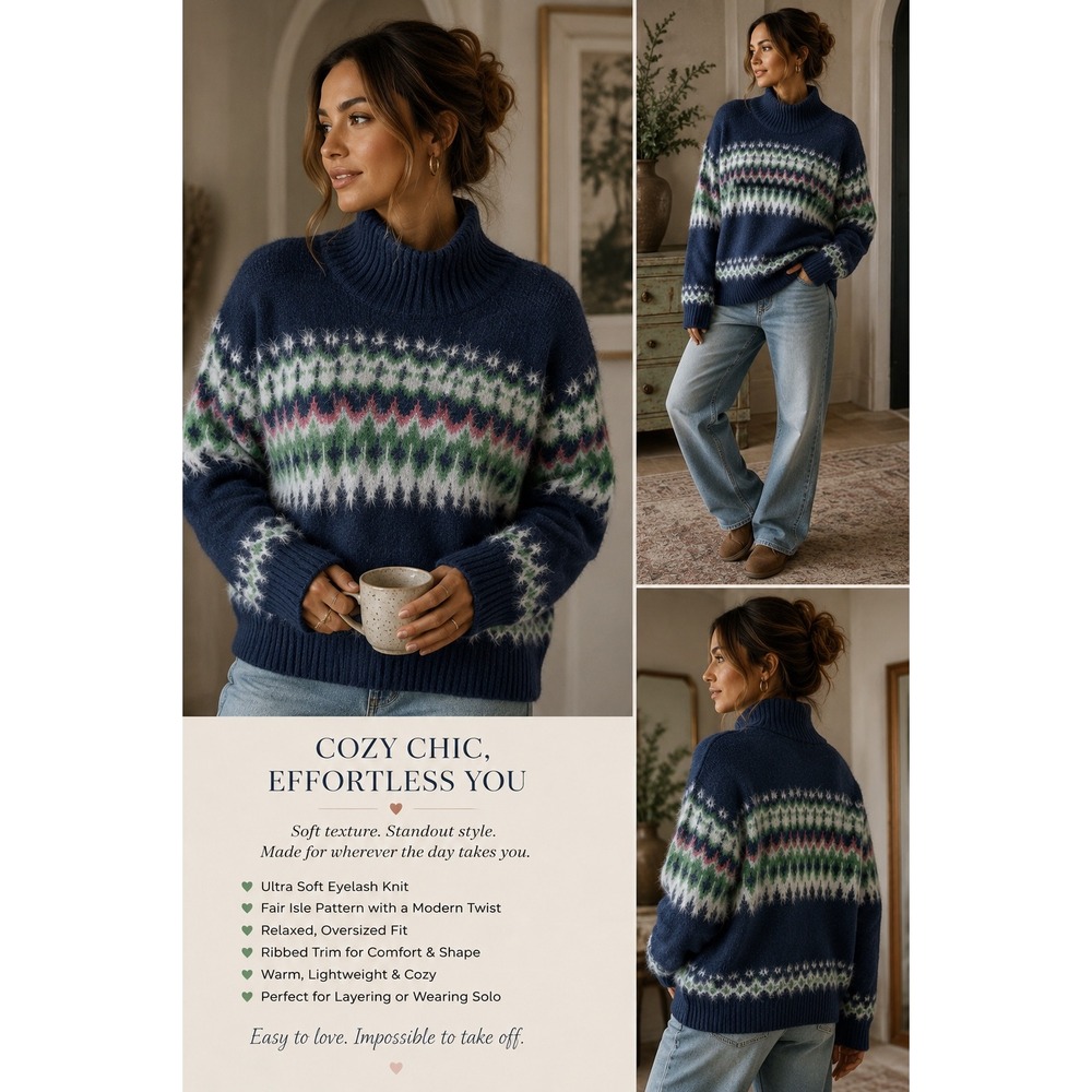 Free Assembly Eyelash Knit Sweater Women Large Navy Blue Excellent Fair Isle